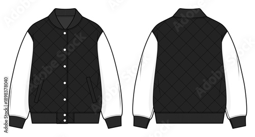 Diamond Quilted Varsity Bomber Jacket Technical Fashion Illustration. Contrast Sleeve Streetwear Outerwear. Front and Back View. CAD Vector Mockup.