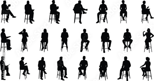 Silhouettes of People Sitting on Stools on White Background vector