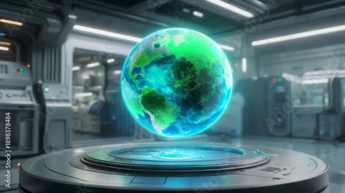 A luminous, transparent Earth globe floats above a circular platform in a futuristic, sterile lab
