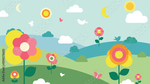 Stylized landscape with flowers, birds, sun, moon, and clouds