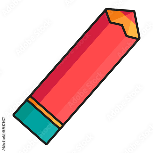 Thick red pencil with eraser of drawing artist. Tool for drawing training. Futuristic stroked shadows and highlights vector isolated on white background