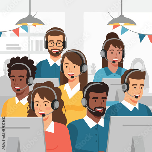 Group of diverse people working at a customer support call center