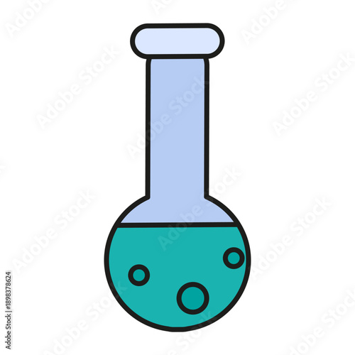 Flask with chemical reagent for reaction research by students of chemical laboratory. Container for analyzing substance. Futuristic stroked shadows and highlights vector isolated on white background