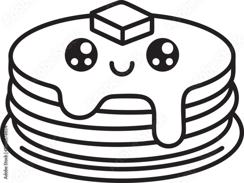 Cute kawaii stack of pancakes with melting butter and happy face food breakfast sweet
