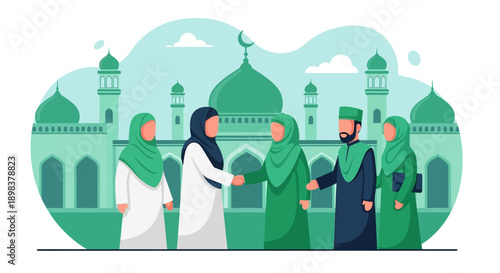 Group of people in traditional clothing standing in front of a mosque