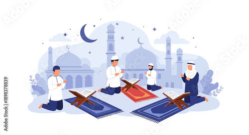 Men praying on prayer mats in front of a mosque under a crescent moon at night