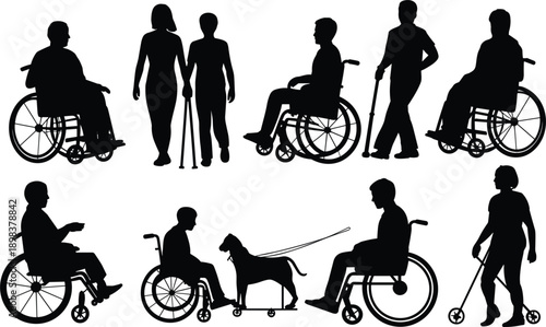 Silhouettes of people with disabilities and assistance animals on white background vector