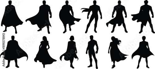 Silhouettes of superheroes with capes in different poses on a white background Keywords: superhero, silhouettes, men, women