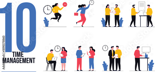 Time Management and Work Productivity Character Illustration Set with Office Employees, Scheduling Tasks, Meeting Deadlines, Team Collaboration, and Business Efficiency Concepts