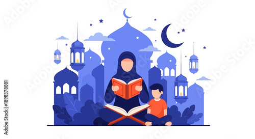 A serene illustration of a woman reading to a child under a crescent moon with mosque architecture in the background