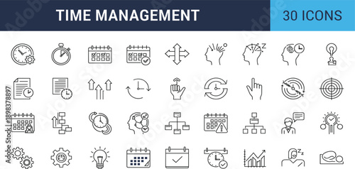 Time Management Line Icon Set with Scheduling, Productivity, Planning, Focus, Deadline Control, Workflow Optimization, and Task Organization Symbols for Web and App Interfaces
