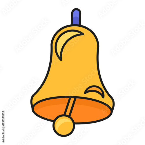 Gilded school bell signaling start of school year. Golden bell signaling end of lesson. Futuristic stroked shadows and highlights vector isolated on white background