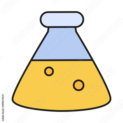 Glass beaker with chemical fluid for experiments. Triangular shaped flask for research lessons. Futuristic stroked shadows and highlights vector isolated on white background