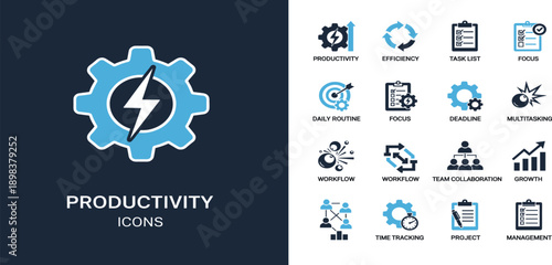 Productivity and Time Management Icon Set with Workflow, Efficiency, Task Planning, Focus, Multitasking, Team Collaboration, and Business Growth Symbols for Digital Design