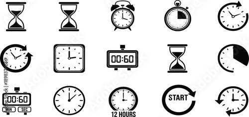 Time and Clock Icon Set with Hourglass, Stopwatch, Alarm Clock, Timer, Countdown, and Time Tracking Symbols for Web, App, and Digital Interface Design