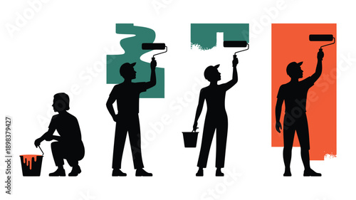 Painters at work in various poses with paint rollers and buckets in black silhouette on white background for home renovation
