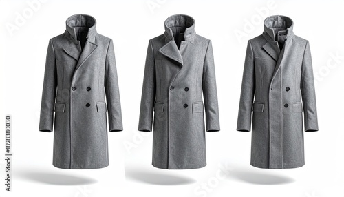 Three grey overcoats, different collar styles