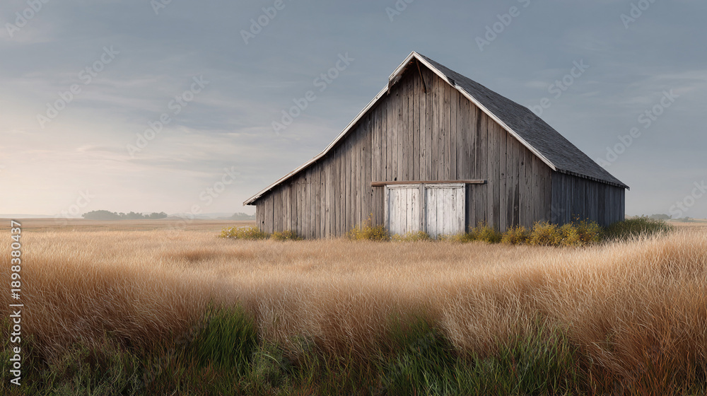 Obraz premium Vintage American barn at sunrise fields of wheat.