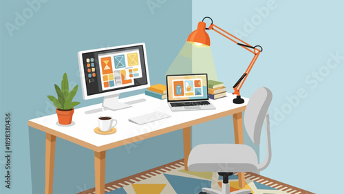 Illustration of a workstation featuring a computer, laptop, lamp, and coffee