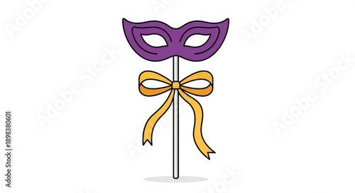 Purple Masquerade Mask on Stick with Yellow Ribbon Isolated on White Background
