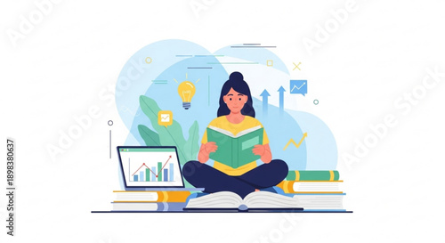 Young Woman Reading Book and Learning with Laptop and Graphs in Modern Flat Design