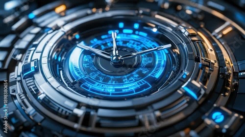 Futuristic clock design with intricate metallic details and glowing blue accents, creating an abstract, time-themed display