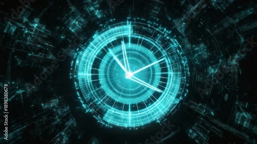 Glowing cyan clock face amidst a digital network pattern, representing time in a tech-driven concept