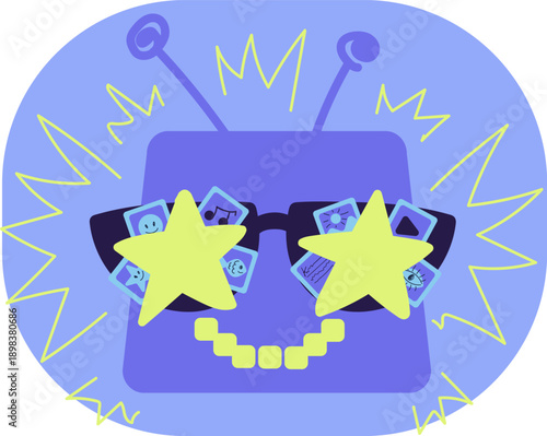 Blue and lemon cartoon outline set illustration. AI robot creation text, video, art, music content