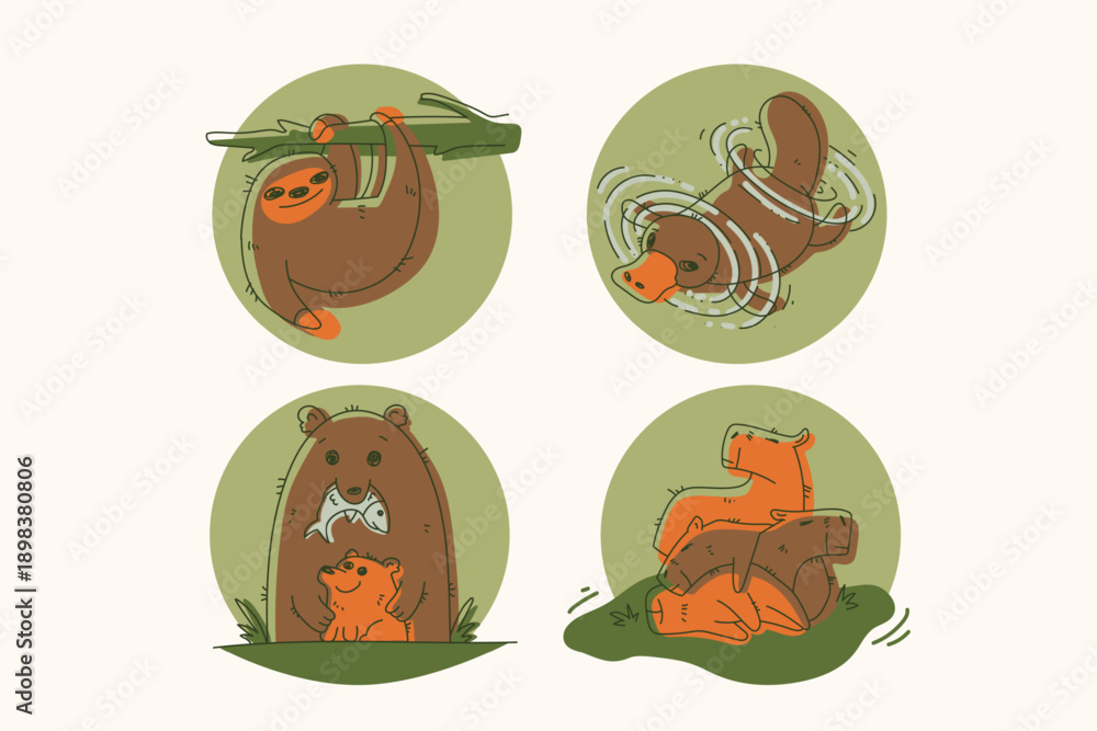 Fototapeta premium Green and brown cartoon outline illustrations set with bear, capybara, platypus, and sloth