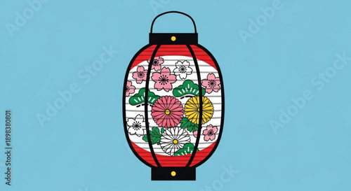 Red Japanese Lantern with Floral Pattern on Blue Background