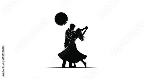 Couple embracing and dancing beneath a full moon silhouette