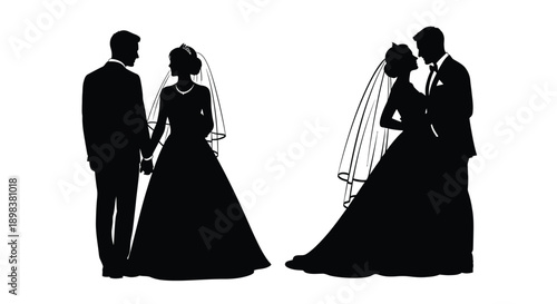 Newlyweds embracing and a groomsman a striking black silhouette