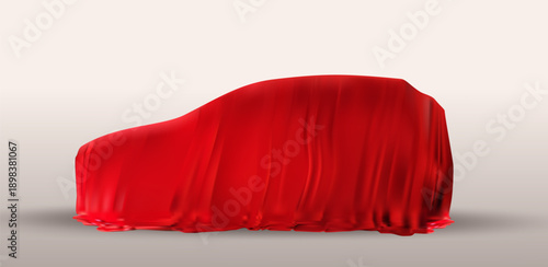 Realistic car covered with red silk cloth isolated on white background. New car presentation concept for dealership or showroom, auto surprise under scarlet fabric. Premium auto, vector illustration.
