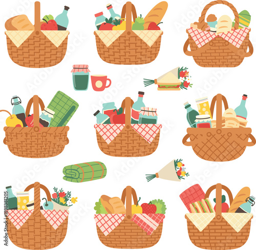 Set of cute picnic baskets with food and drinks isolated on white background flat vector illustration lifestyle collection,