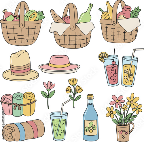 Set of hand drawn picnic basket icons and summer lifestyle elements like hats and drinks on white background,