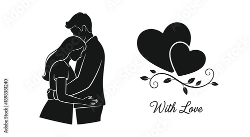 Couple embracing with hearts and floral design a romantic silhouette