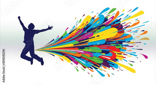 Man Jumping with Colorful Paint Explosion, Isolated on White Background