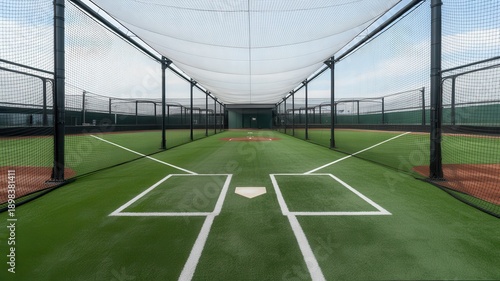 Empty indoor baseball batting cage with artificial turf and netting