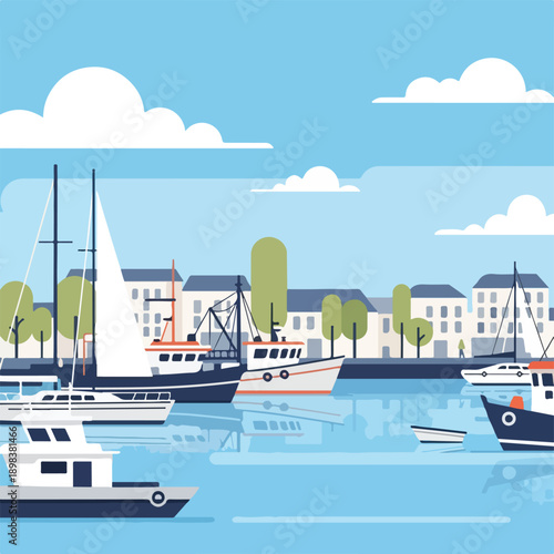 Colorful illustration of boats in a harbor with buildings and a blue sky