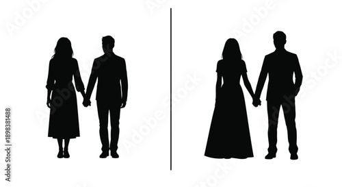 Couple holding hands mirrored image with distinct black silhouette