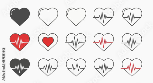 Heart icons with ecg line love and health symbols in black red and white colors