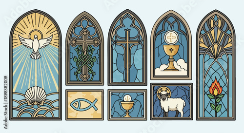 Stylized stained glass windows depicting religious iconography