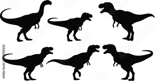 Collection of dinosaur silhouettes featuring Tyrannosaurus Rex and long neck sauropods isolated on white background for prehistoric education and museum poster design