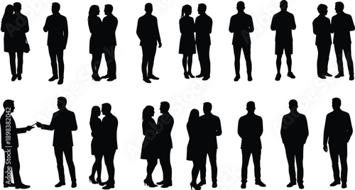 Silhouette of diverse people standing together, walking, talking, social interaction, business teamwork, couple relationship, communication concept, isolated on white background
