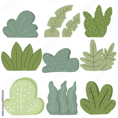 ​Set of Flat Green Bush and Tropical Leaf Vector Illustrations