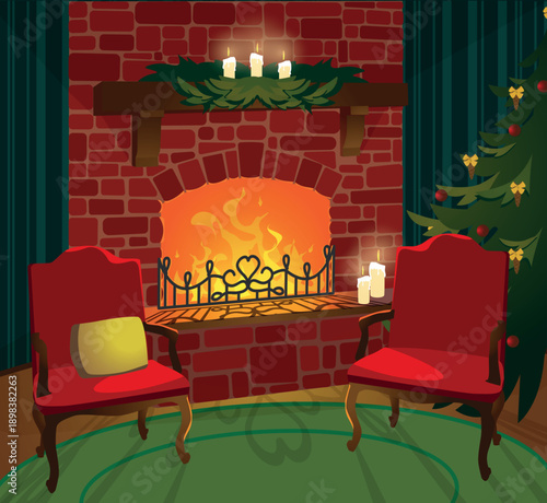 A cozy and festive Christmas scene in a house. A decorated Christmas tree, a blazing fireplace, and two comfortable armchairs. Vector Christmas illustration. New Year's Eve. Cartoon style.