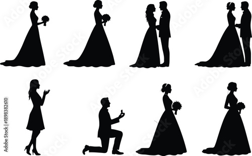 Romantic wedding couple silhouette, bride with bouquet, marriage proposal scene, groom kneeling, elegant bridal dress, love, romance, vector illustration
