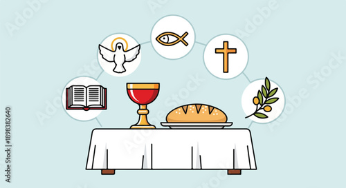 Symbolic illustration of religious elements and sacred items on table