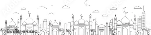A detailed line drawing of a mosque skyline with domes and minarets against a cloudy sky, evoking a sense of architectural beauty and cultural heritage