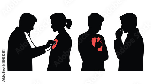 Doctor examining patients with heart health issues in minimalist silhouette style with bold red accents on white background for healthcare illustration